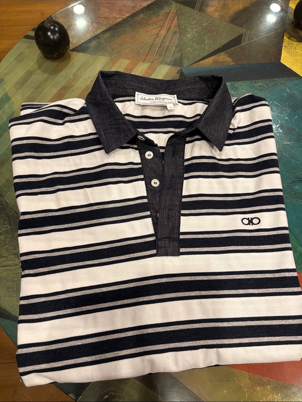 Salvatore Ferragamo Navy and White Striped Polo Shirt - Picture 5 of 6